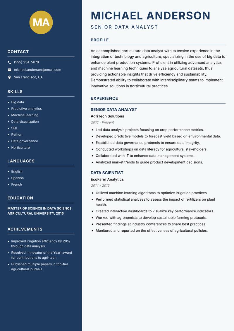Horticulture Data Analyst resume template — Classic Clean