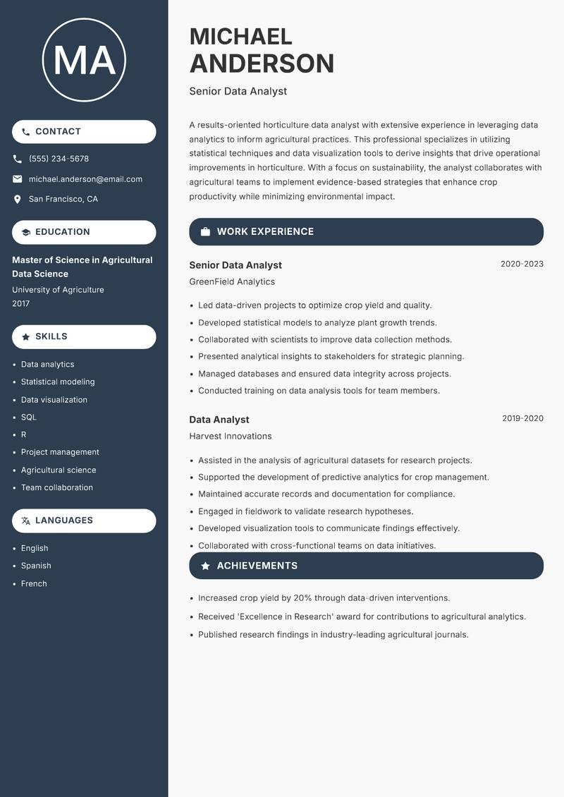 Horticulture Data Analyst resume template — Compact