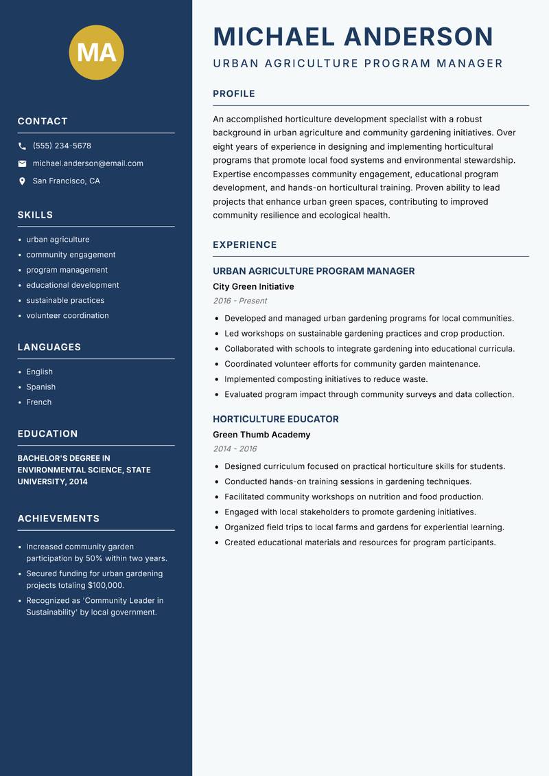 Horticulture Development Specialist resume template — Classic Clean