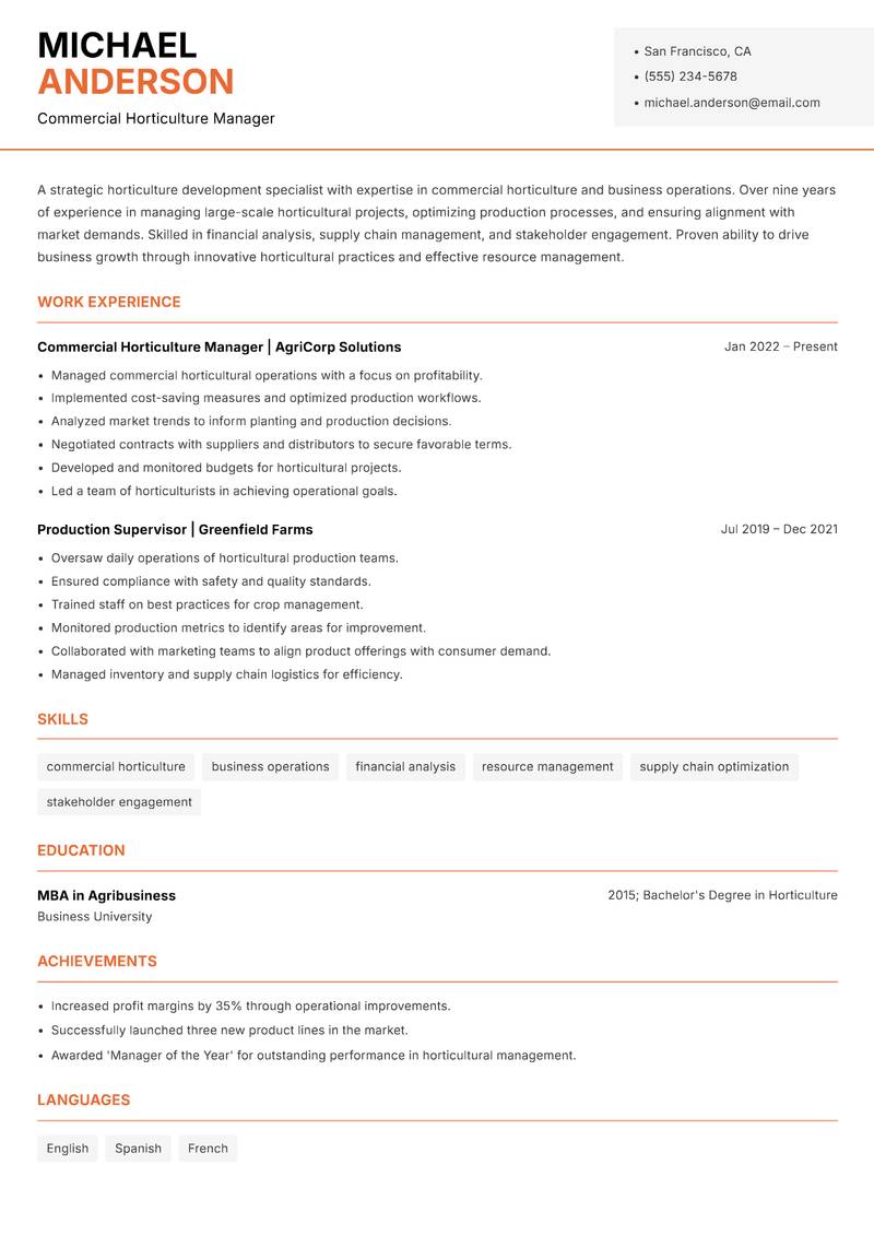 Horticulture Development Specialist resume template — Modern Professional