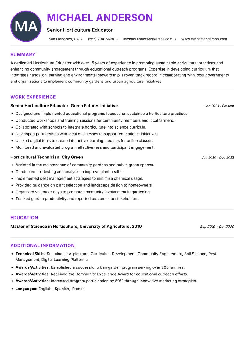Horticulture Educator resume example — ATS-friendly template