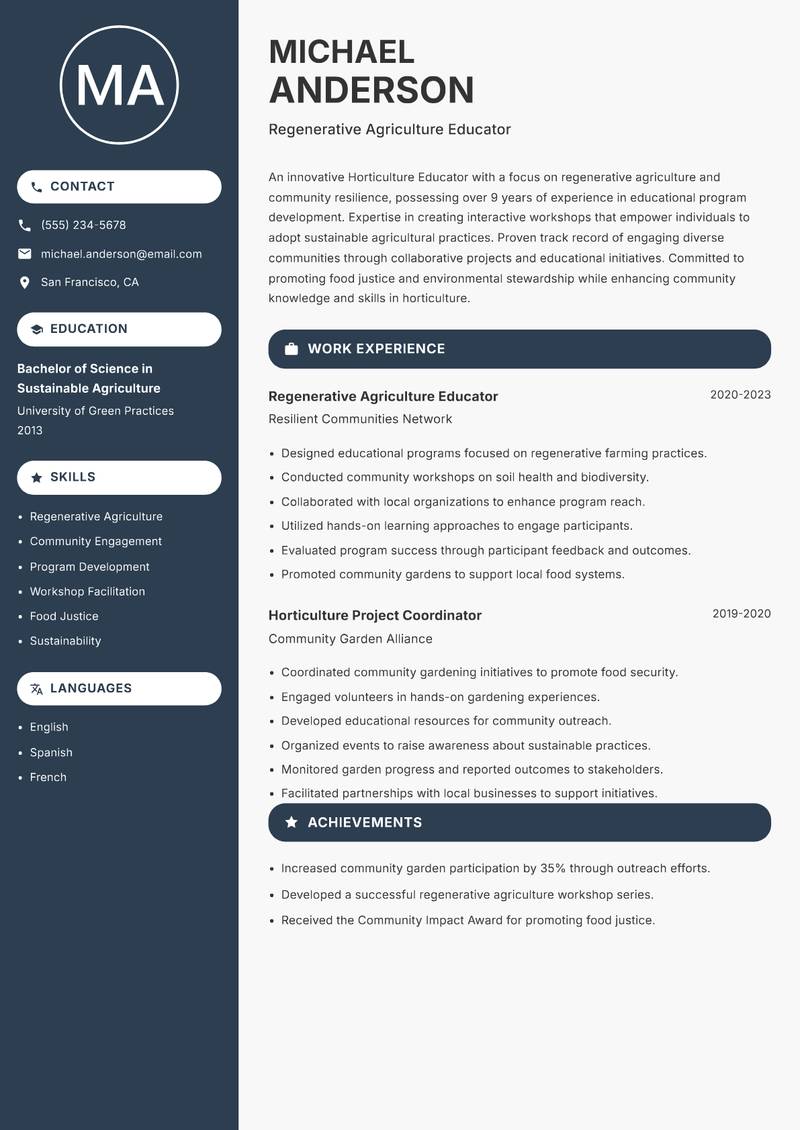 Horticulture Educator resume template — Compact