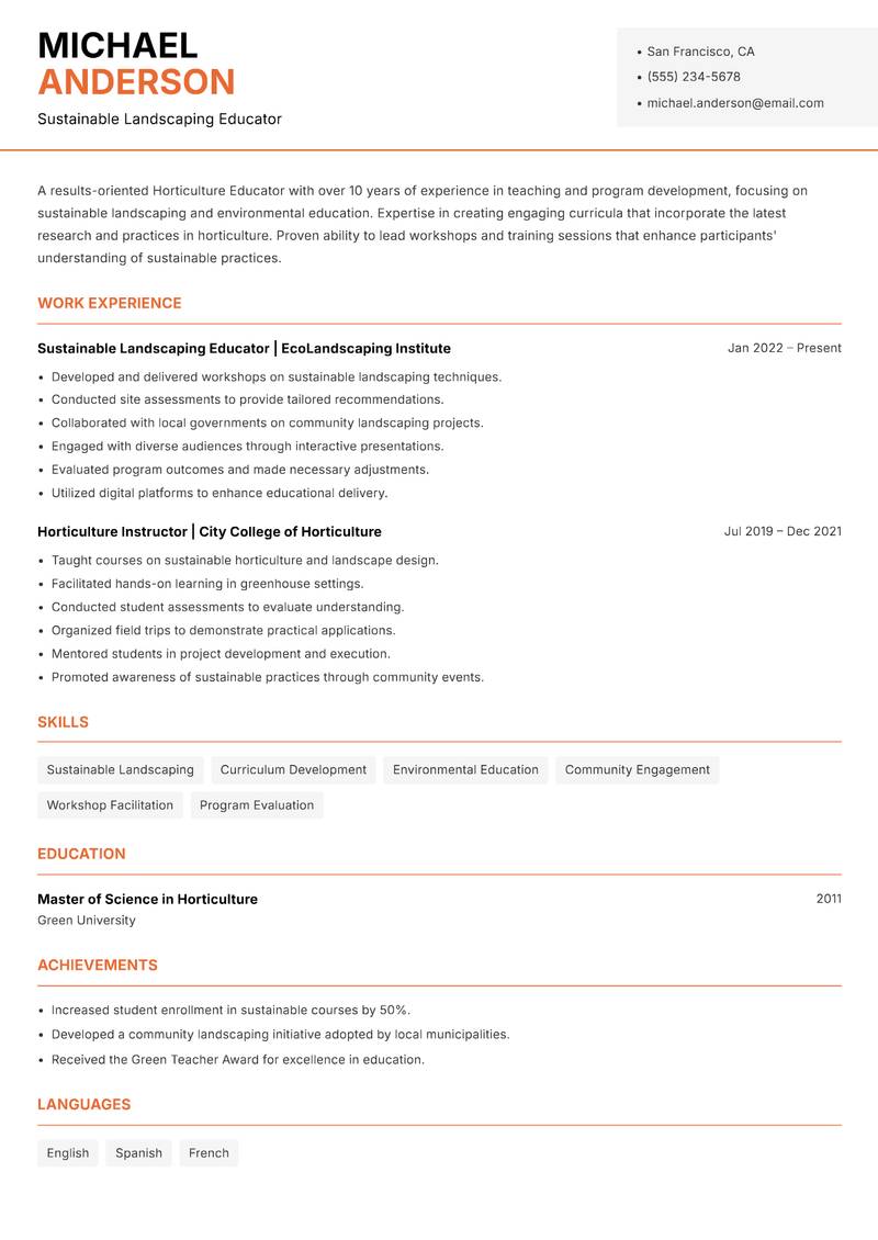 Horticulture Educator resume template — Modern Professional