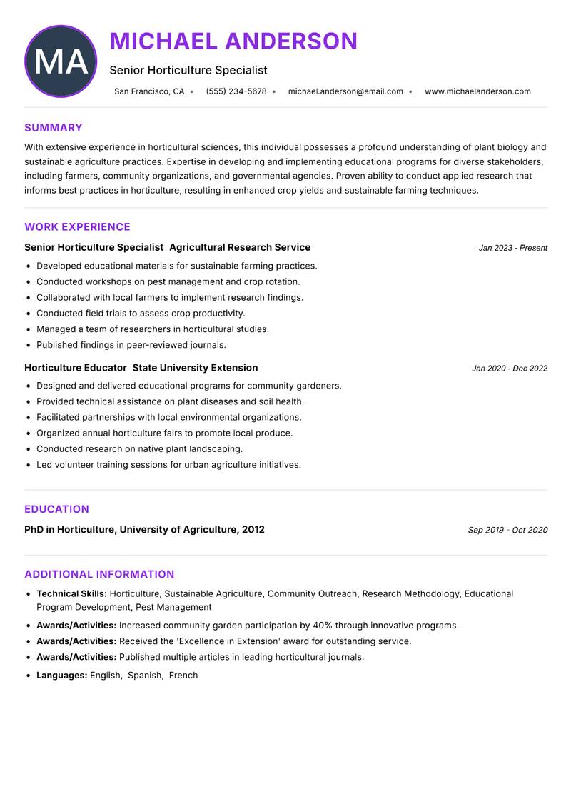 Horticulture Extension Specialist resume example — ATS-friendly template