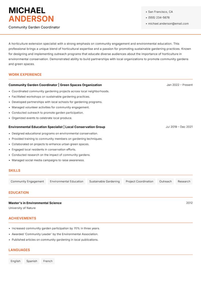 Horticulture Extension Specialist resume template — Modern Professional