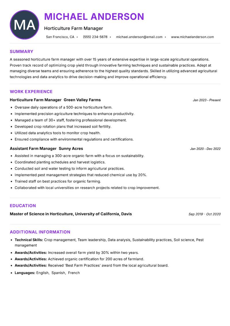 Horticulture Farm Manager resume example — ATS-friendly template