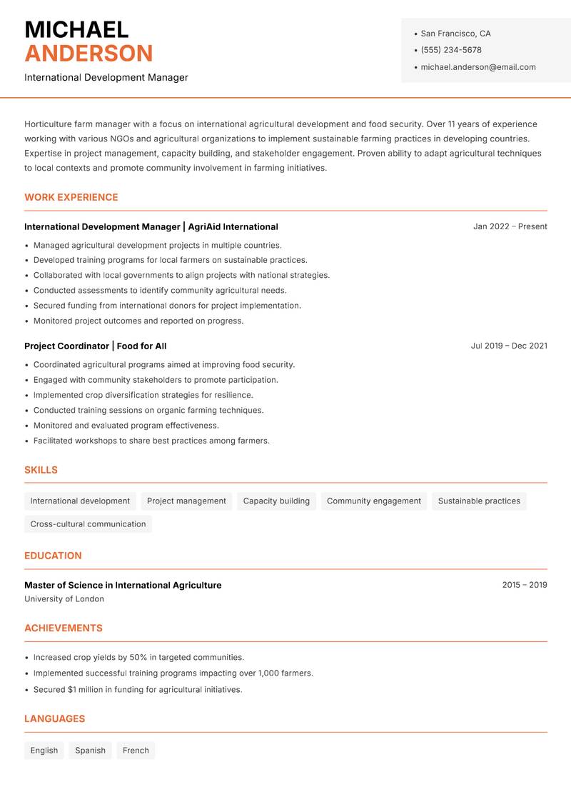 Horticulture Farm Manager resume template — Modern Professional