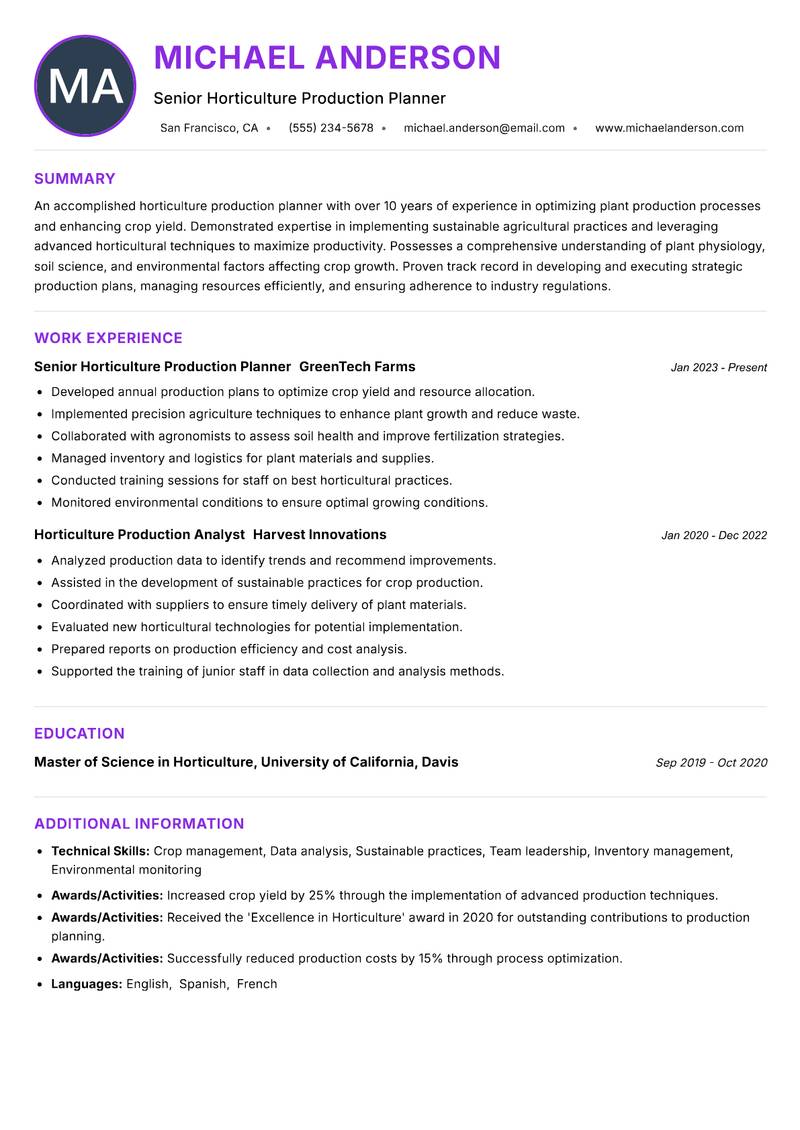 Horticulture Production Planner resume example — ATS-friendly template