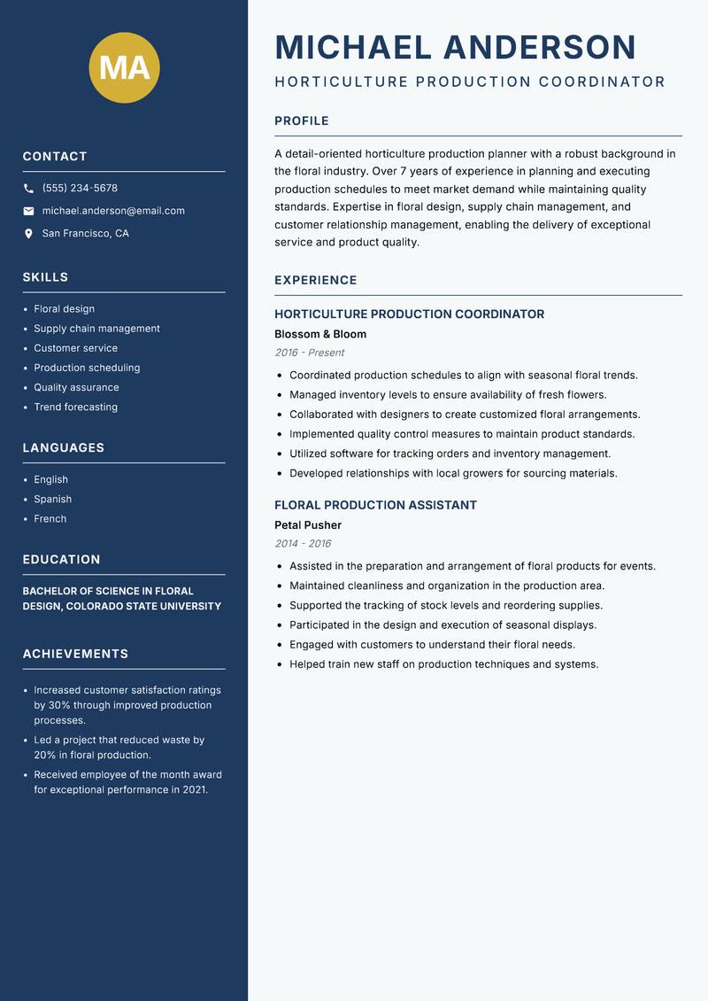 Horticulture Production Planner resume template — Classic Clean