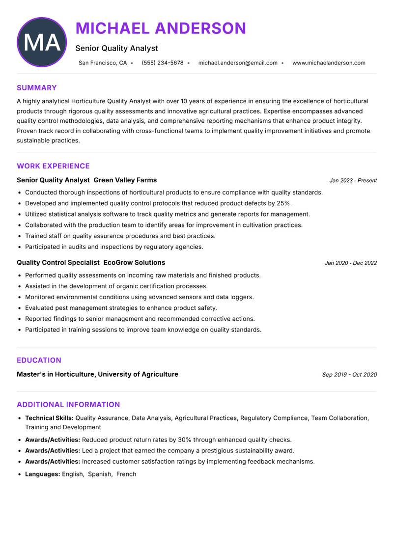 Horticulture Quality Analyst resume example — ATS-friendly template
