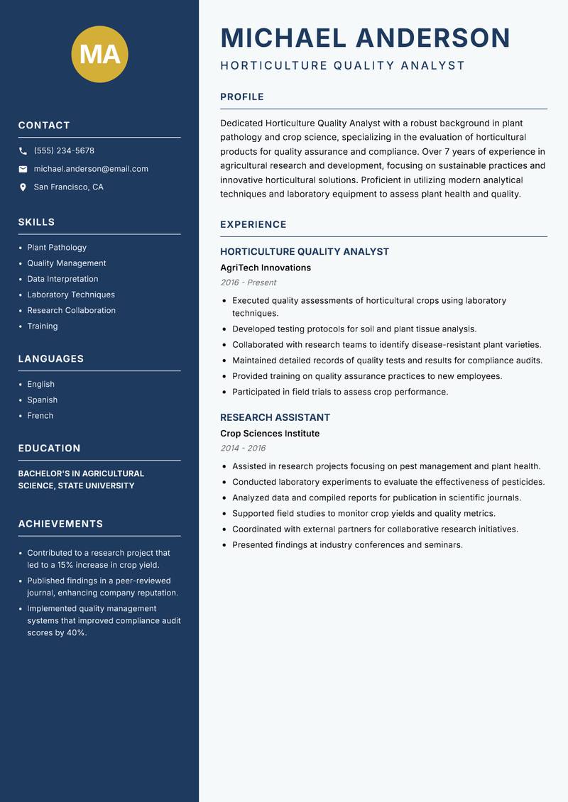 Horticulture Quality Analyst resume template — Classic Clean