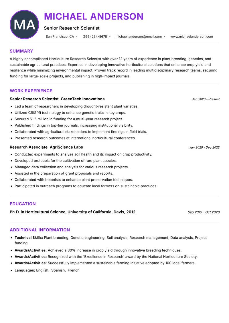 Horticulture Research Scientist resume example — ATS-friendly template