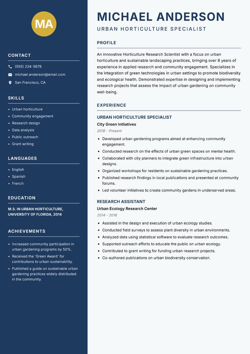 Horticulture Research Scientist resume template — Classic Clean