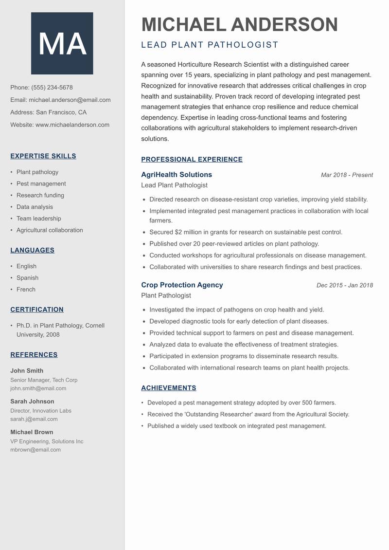 Horticulture Research Scientist resume template — Creative Minimal