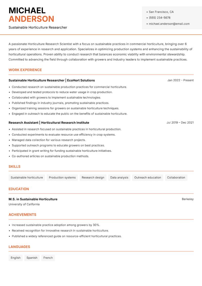 Horticulture Research Scientist resume template — Modern Professional