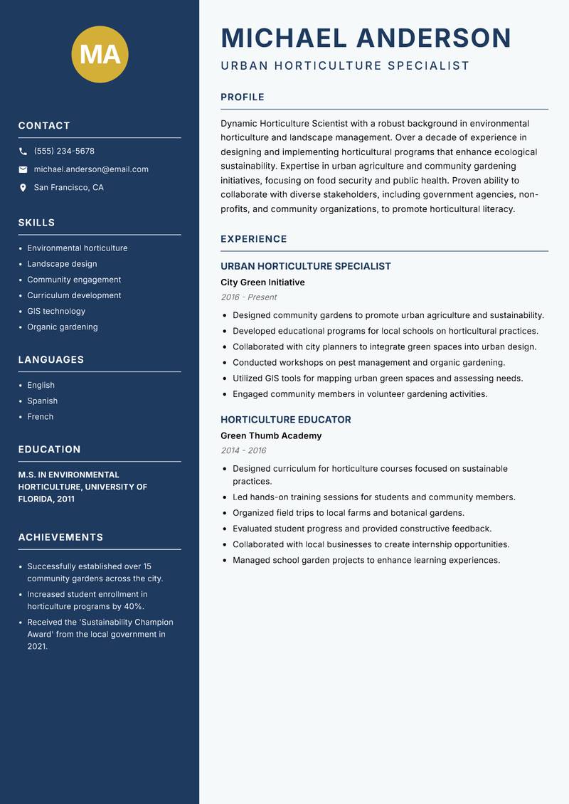 Horticulture Scientist resume template — Classic Clean