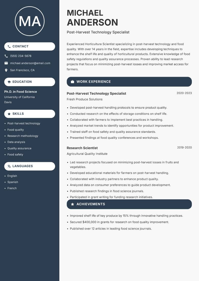 Horticulture Scientist resume template — Compact