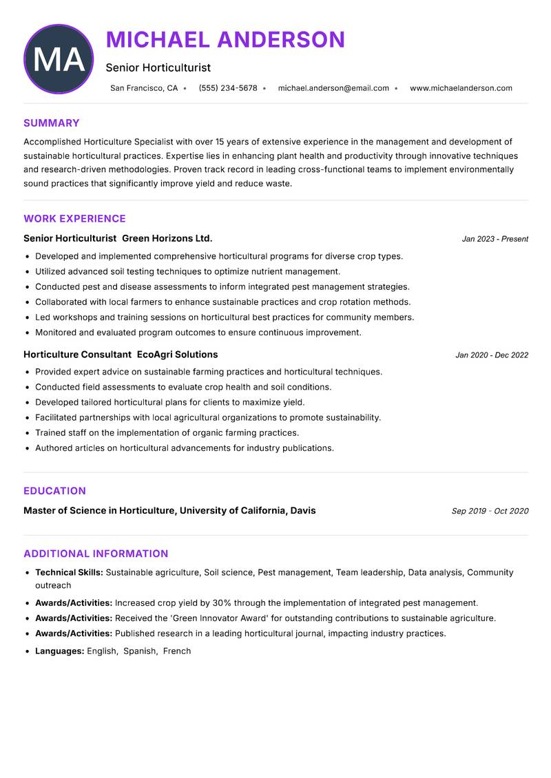 Horticulture Specialist resume example — ATS-friendly template