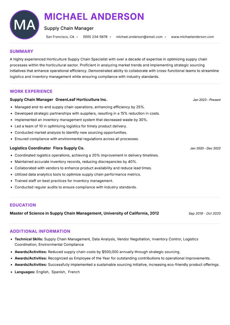 Horticulture Supply Chain Specialist resume example — ATS-friendly template
