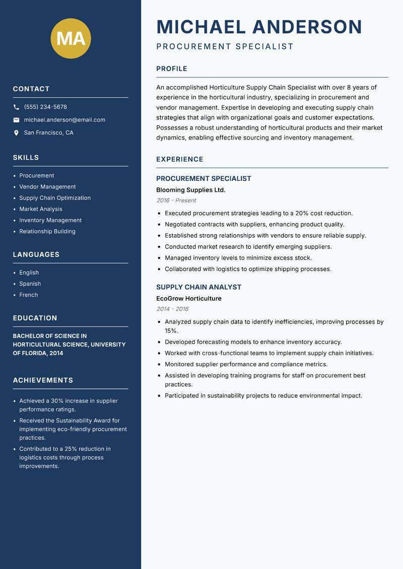 Horticulture Supply Chain Specialist resume template — Classic Clean