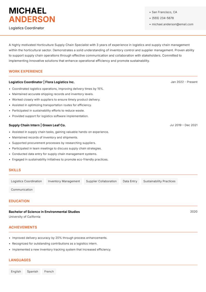 Horticulture Supply Chain Specialist resume template — Modern Professional