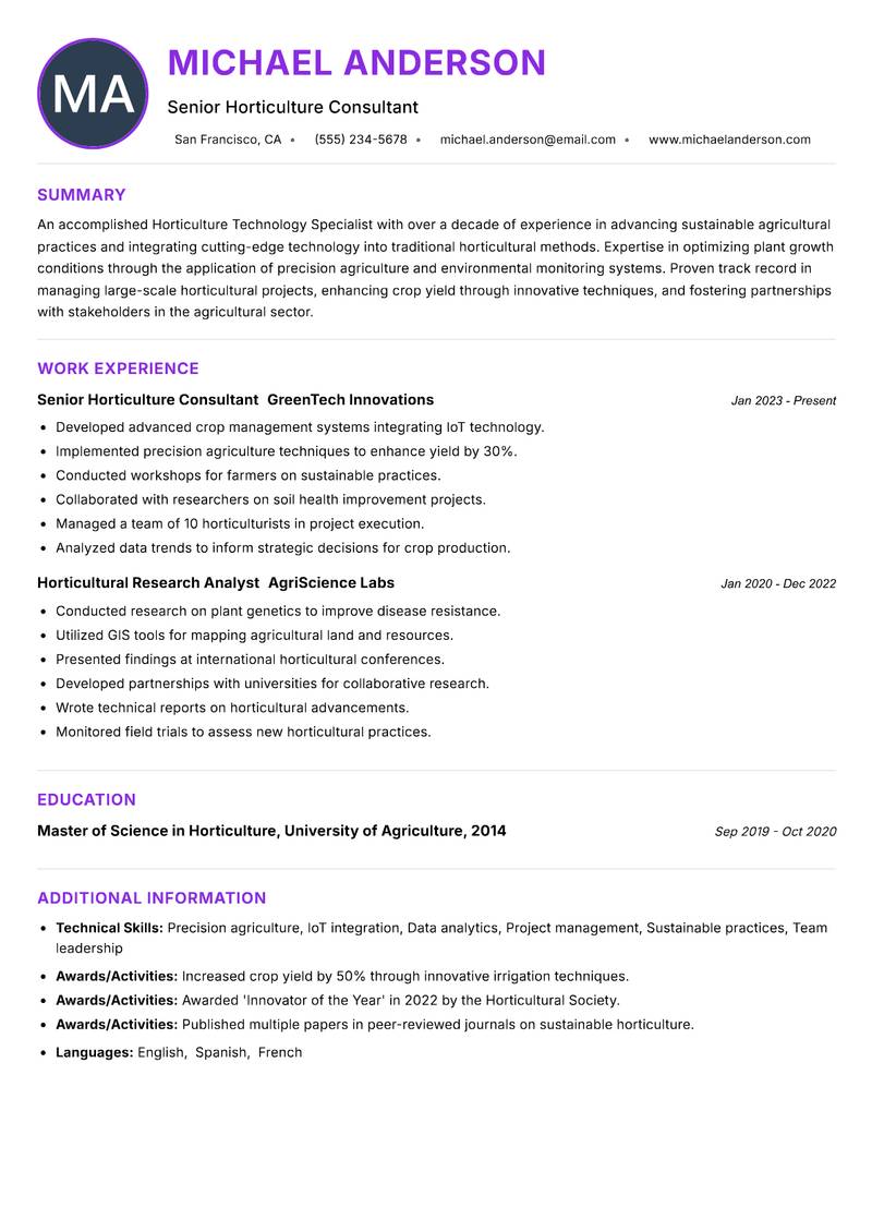 Horticulture Technology Specialist resume example — ATS-friendly template