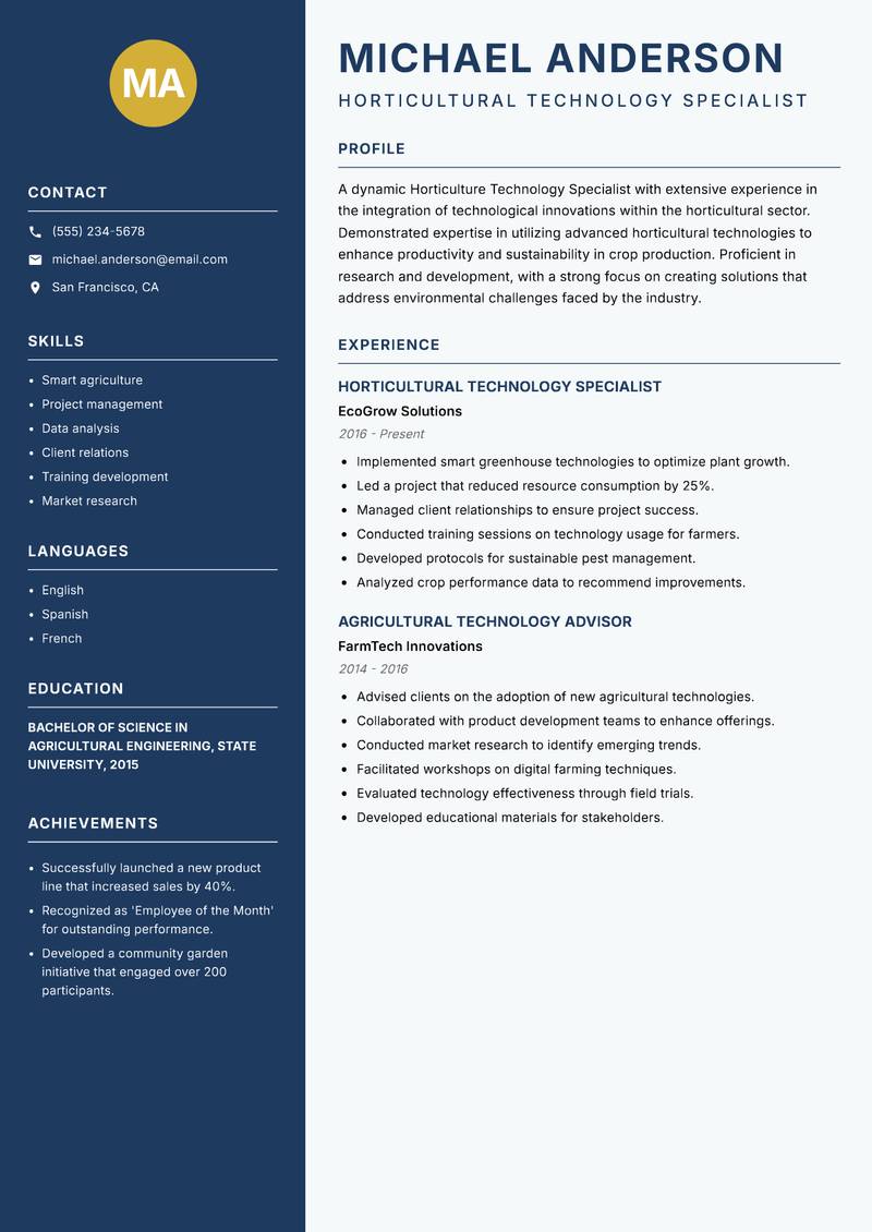 Horticulture Technology Specialist resume template — Classic Clean