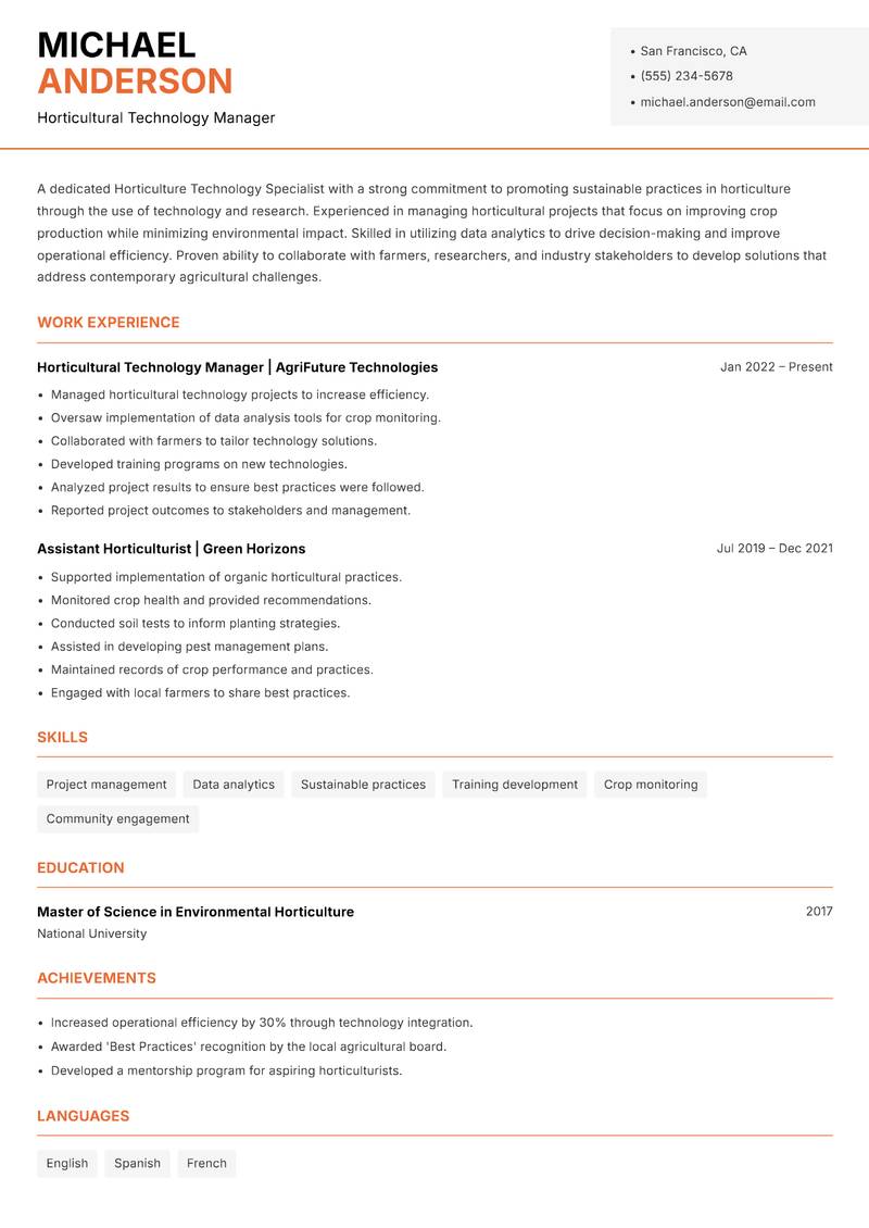 Horticulture Technology Specialist resume template — Modern Professional