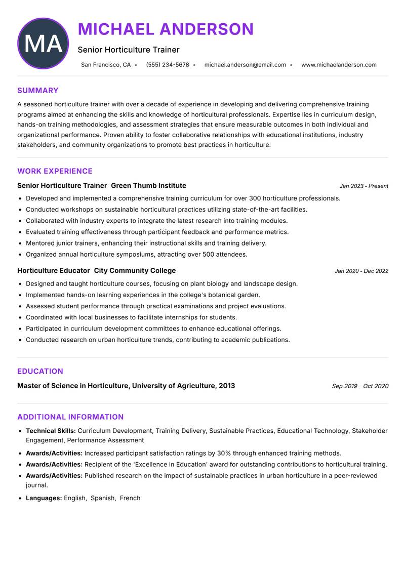 Horticulture Trainer resume example — ATS-friendly template