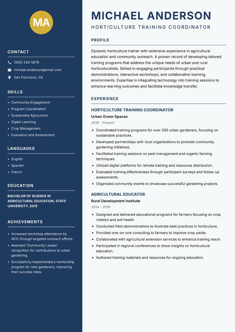 Horticulture Trainer resume template — Classic Clean