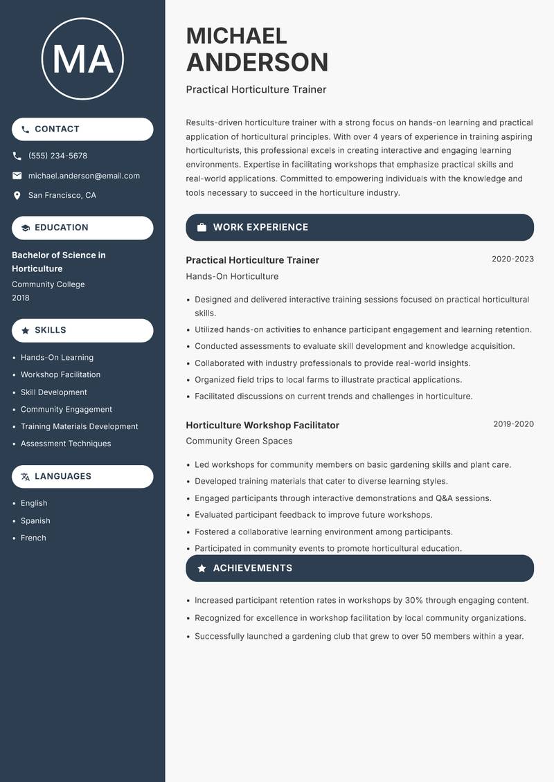 Horticulture Trainer resume template — Compact