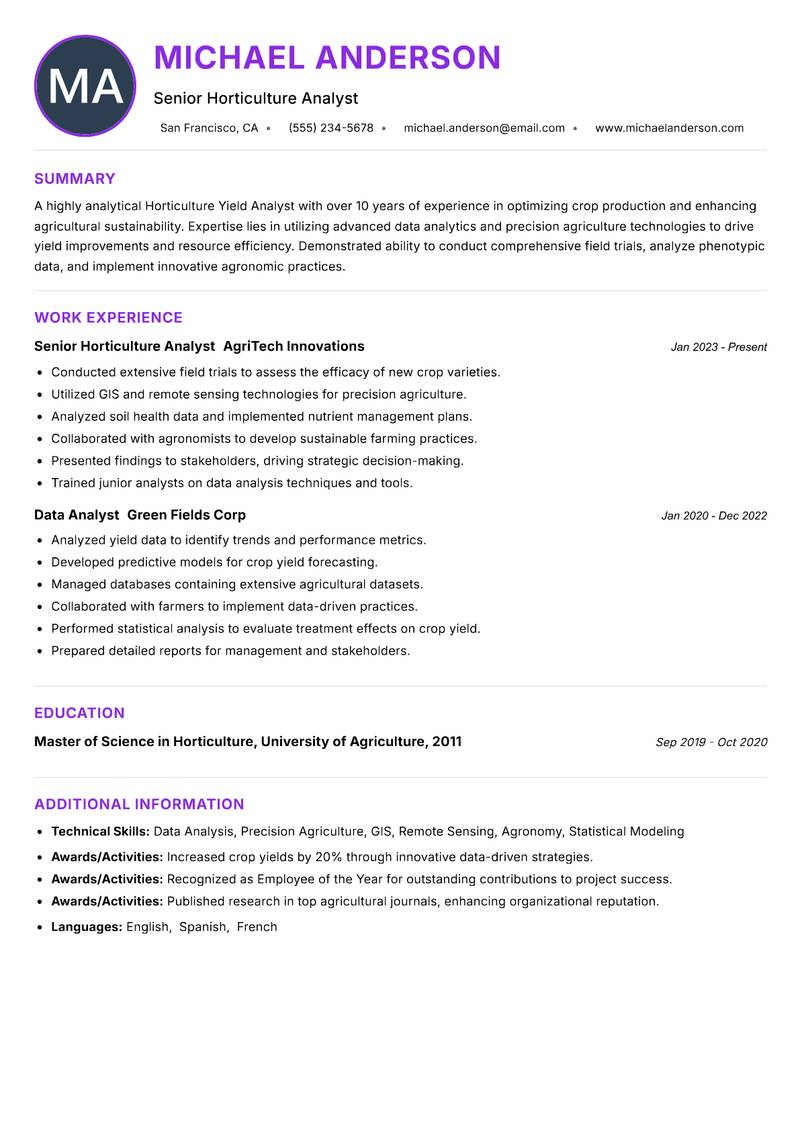 Horticulture Yield Analyst resume example — ATS-friendly template