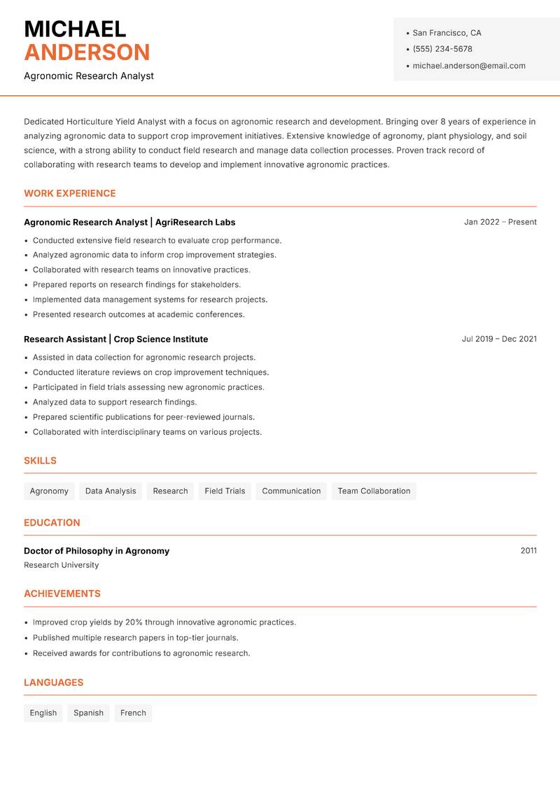 Horticulture Yield Analyst resume template — Modern Professional