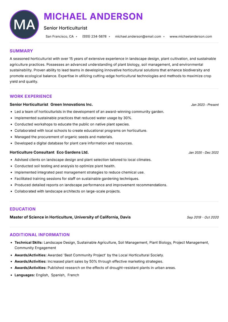 Horticulturist resume example — ATS-friendly template