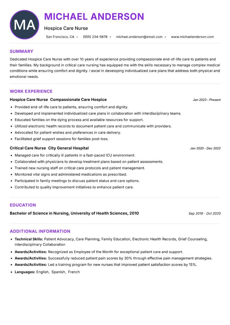 Hospice Care Nurse resume example — ATS-friendly template