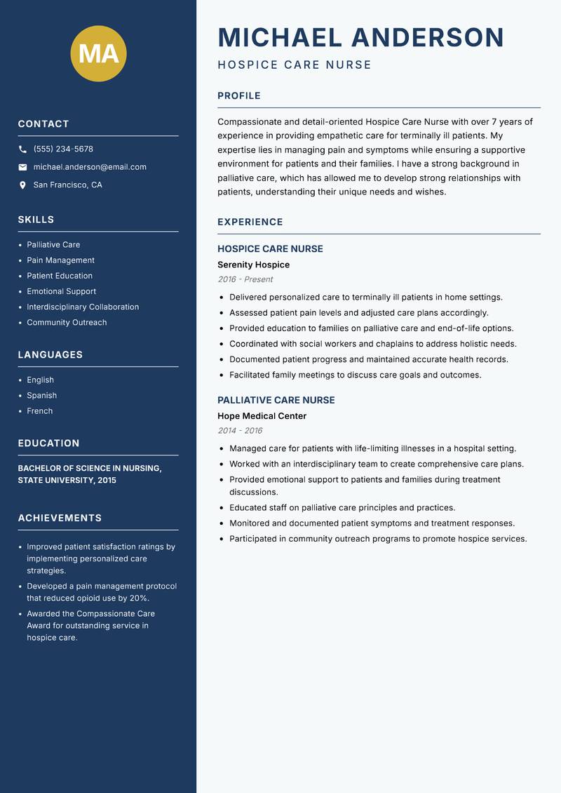 Hospice Care Nurse resume template — Classic Clean