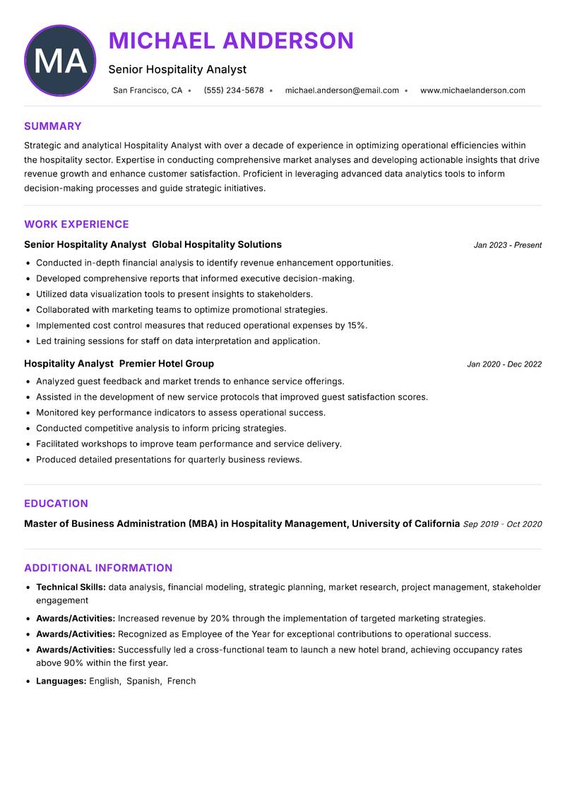Hospitality Analyst resume example — ATS-friendly template