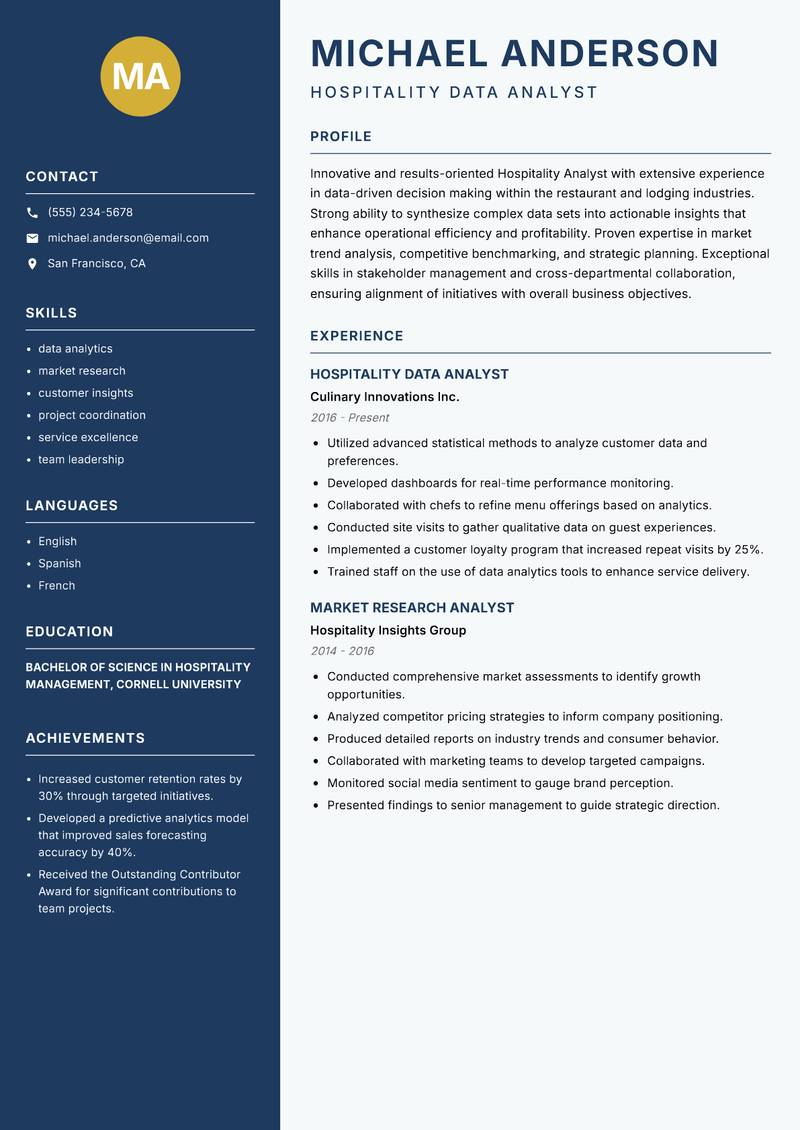 Hospitality Analyst resume template — Classic Clean