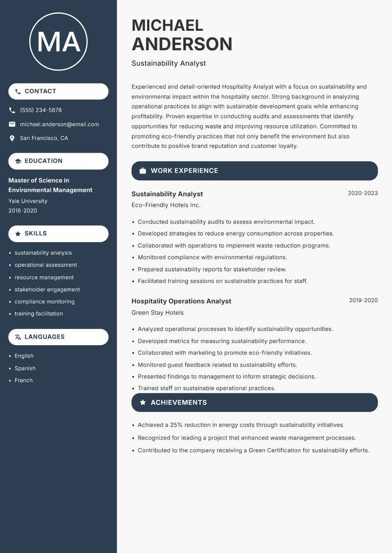 Hospitality Analyst resume template — Compact