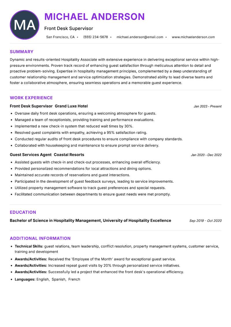 Hospitality Associate resume example — ATS-friendly template