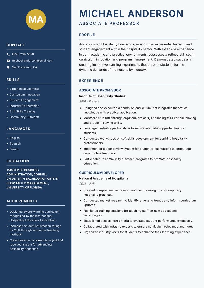 Hospitality Educator resume template — Classic Clean