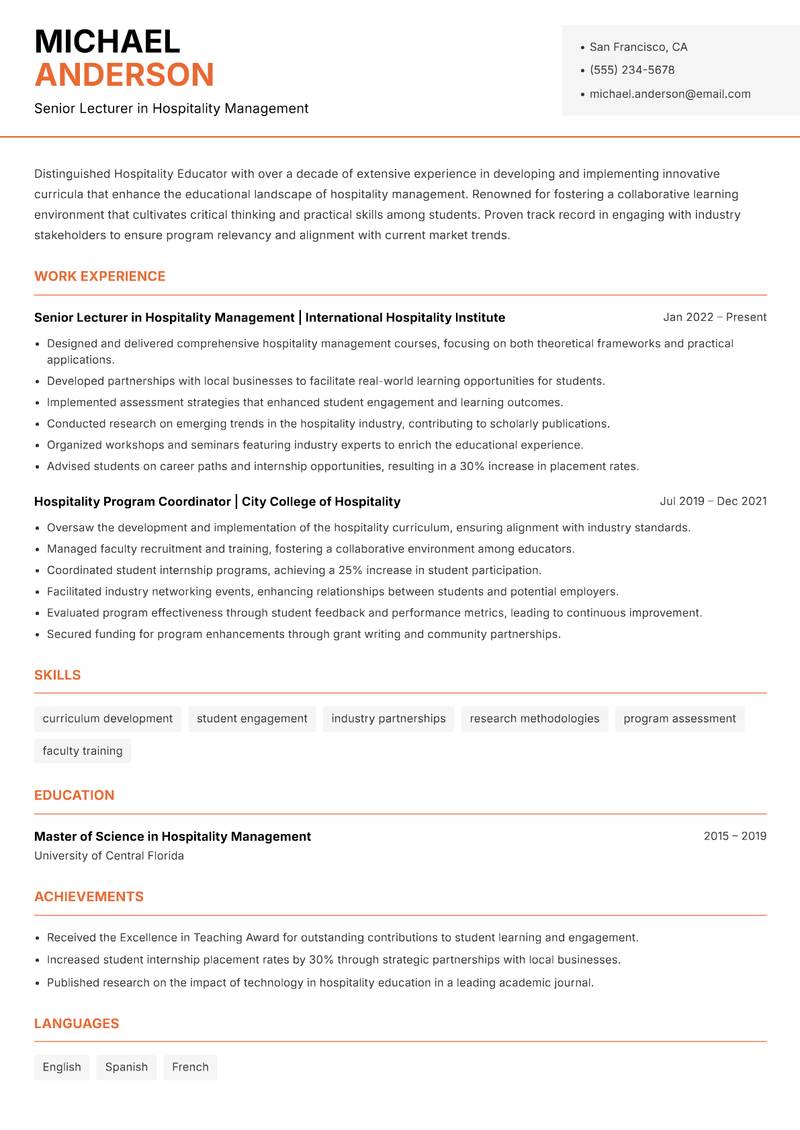 Hospitality Educator resume template — Modern Professional