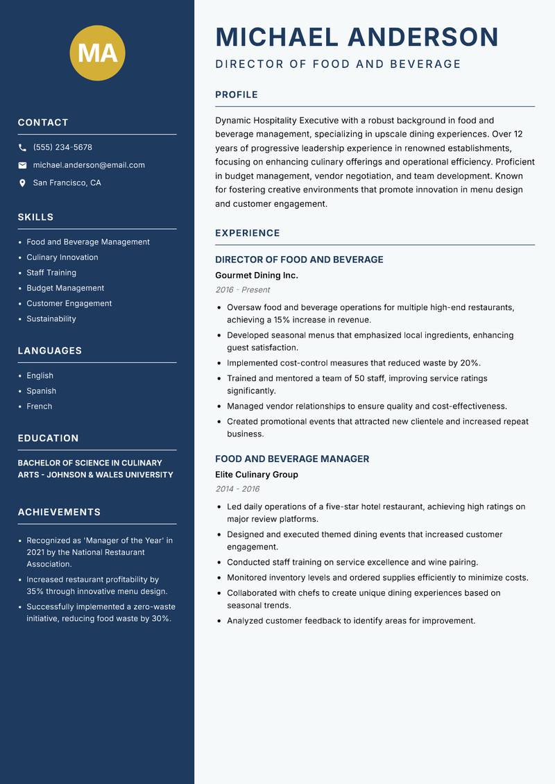 Hospitality Executive resume template — Classic Clean