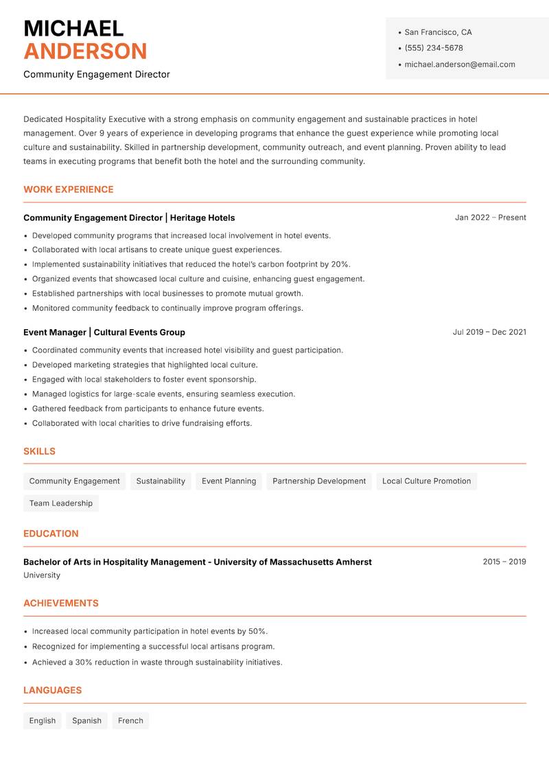 Hospitality Executive resume template — Modern Professional