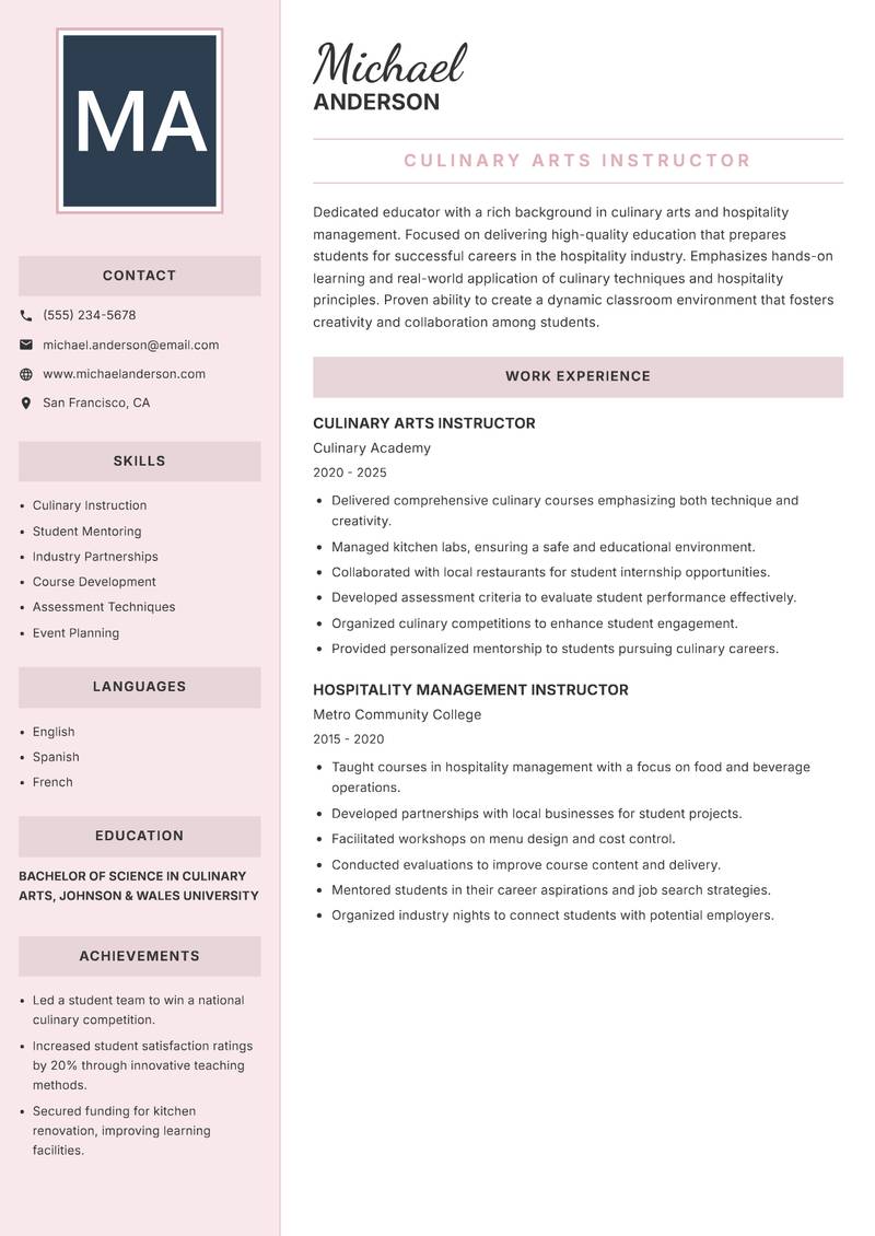 Hospitality Instructor resume template — Executive