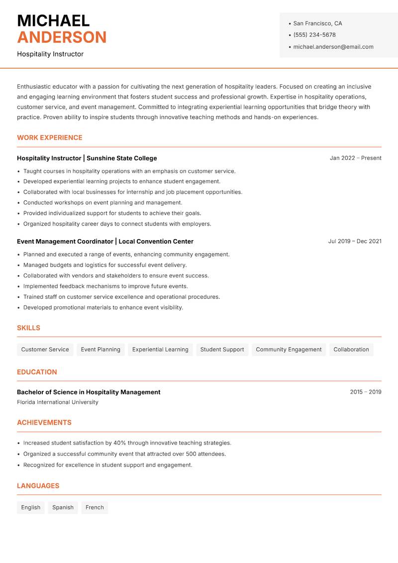 Hospitality Instructor resume template — Modern Professional