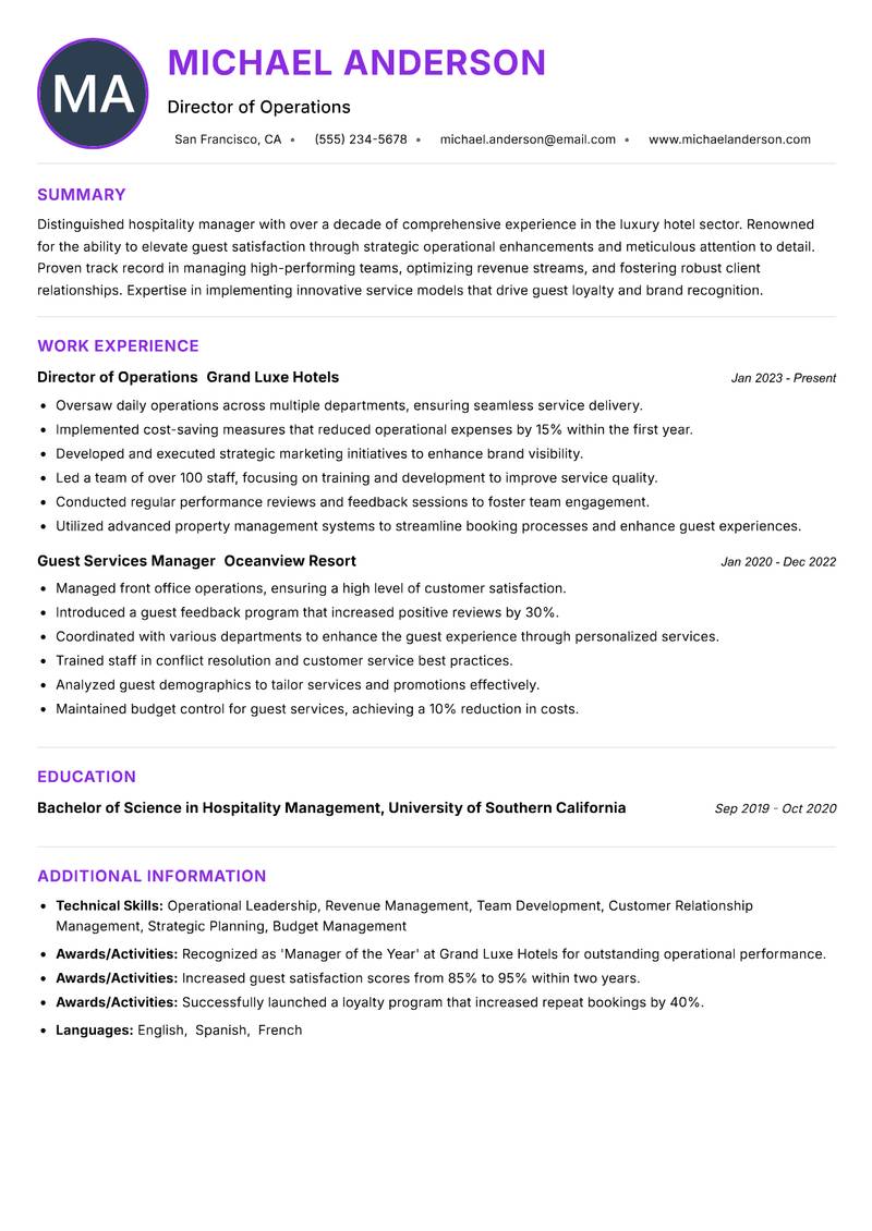 Hospitality Manager resume example — ATS-friendly template