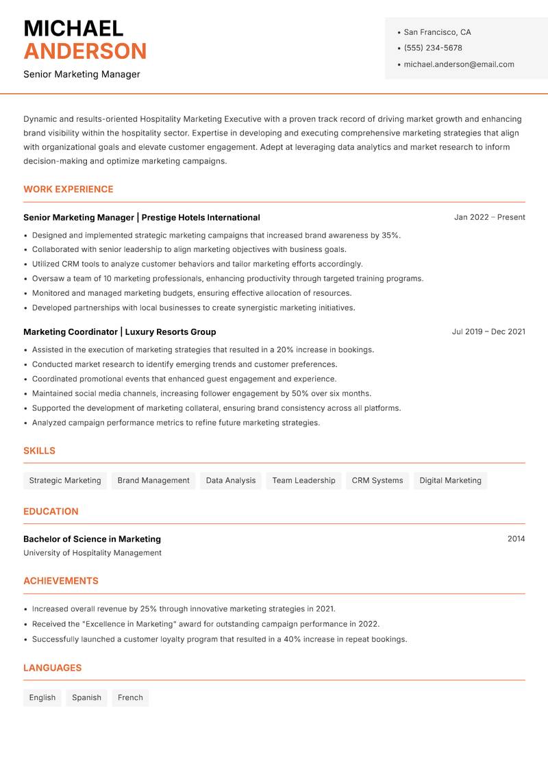 Hospitality Marketing Executive resume template — Modern Professional