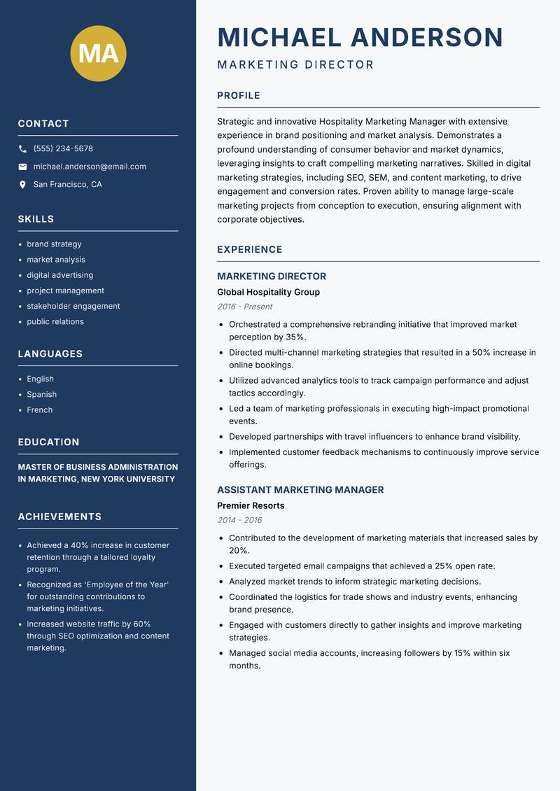 Hospitality Marketing Manager resume template — Classic Clean