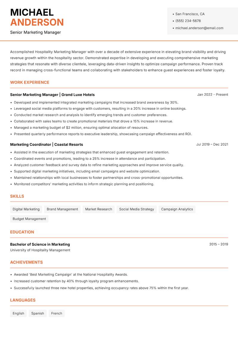 Hospitality Marketing Manager resume template — Modern Professional